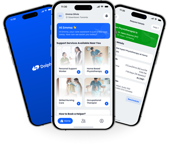 Promotional webpage for a healthcare mobile app, featuring three smartphones displaying the app interface, with options to download on the App Store and Google Play, and highlights of easy scheduling, safety, and qualified professionals.